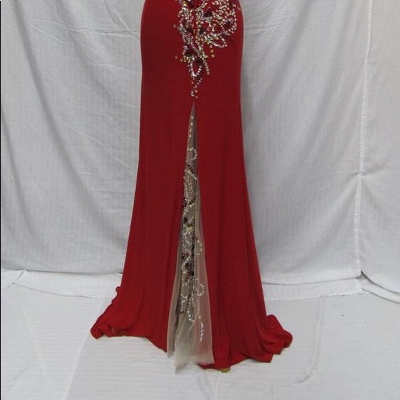 Party Time Formals - Red long Evening Prom gown rhinestones with train - Picture 11 of 12